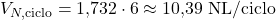 \[V_{N,\text{ciclo}} = 1{,}732 \cdot 6 \approx 10{,}39\ \text{NL/ciclo}\]
