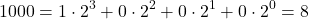 \[ 1000 = 1 \cdot 2^3 + 0 \cdot 2^2 + 0 \cdot 2^1 + 0\cdot 2^0 = 8 \]