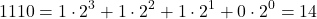 \[ 1110 = 1 \cdot 2^3 + 1 \cdot 2^2 + 1 \cdot 2^1 + 0\cdot 2^0 = 14 \]