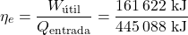 \[\eta_e = \frac{W_{\text{&uacute;til}}}{Q_{\text{entrada}}} = \frac{161\,622\ \text{kJ}}{445\,088\ \text{kJ}}\]