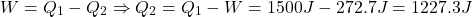 \[ W = Q_1 - Q_2 \Rightarrow Q_2 = Q_1 - W = 1500 J - 272.7 J = 1227.3 J \]