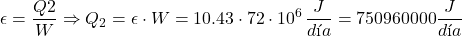 \[ \epsilon = \frac{Q2}{W} \Rightarrow Q_2 = \epsilon \cdot W = 10.43 \cdot 72 \cdot 10^6 \thinspace {\frac{J}{día}} = 750960000 \frac{J}{día} \]