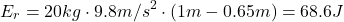 \[ E_r = 20kg \cdot 9.8 m/s^2 \cdot (1m - 0.65 m) = 68.6 J \]