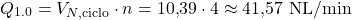 \[Q_{1.0} = V_{N,\text{ciclo}}\cdot n = 10{,}39\cdot 4 \approx 41{,}57\ \text{NL/min}\]