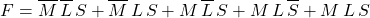 \[ F = \overline M \thinspace \overline L \thinspace S + \overline M \thinspace L \thinspace S +  M \thinspace \overline L \thinspace S +  M \thinspace L \thinspace \overline S +  M \thinspace  L \thinspace S  \]
