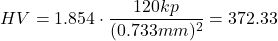 \[ HV = 1.854 \cdot \frac{120kp}{(0.733 mm)^2} = 372.33 \]
