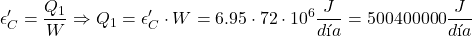\[ \epsilon'_C = \frac{Q_1}{W} \Rightarrow Q_1 = \epsilon'_C \cdot W = 6.95 \cdot 72 \cdot 10^6 { \frac{J}{día}}  = 500400000 \frac{J}{día} \]